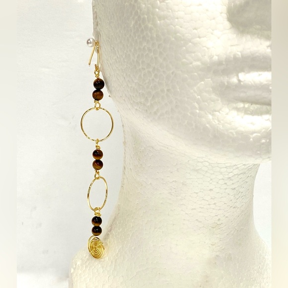 HANDMADE Shoulder Duster Statement Tiger’s Eye Bead Earrings - Picture 7 of 10